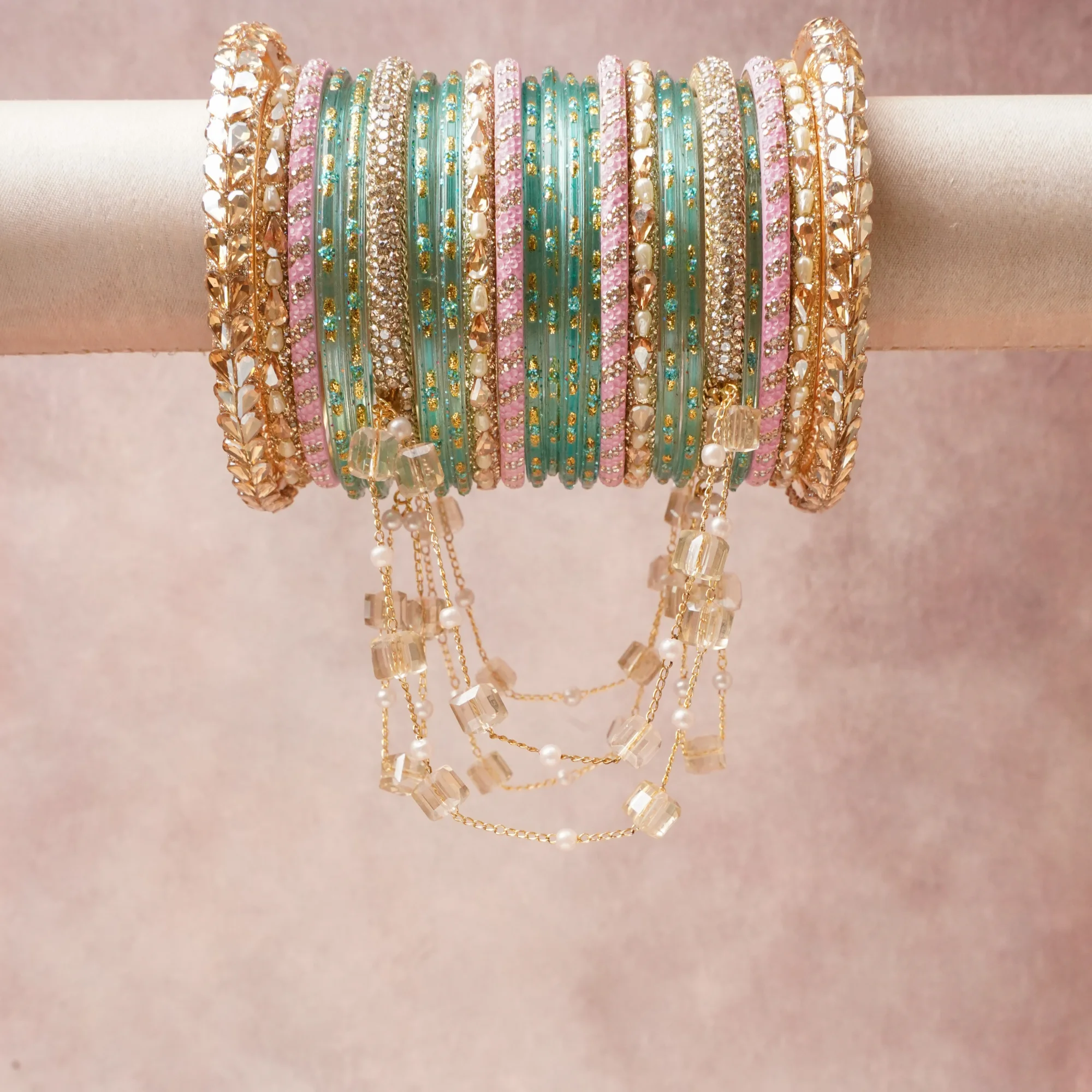 A commanding Teal Green anchors this beautiful set, enriched with accents of Metallic Gold, Silver Shimmer, Crystal White that add depth and dimension.

Featuring a striking composition of Glass, Gold-toned Metal, Rhinestone, Faux Pearl, Opaque Resin, this set carries intricate craftsmanship and strong presence. Grand in form, it is created for moments that deserve to be marked.